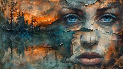 Abstract Woman's Face with Forest and Sunset
