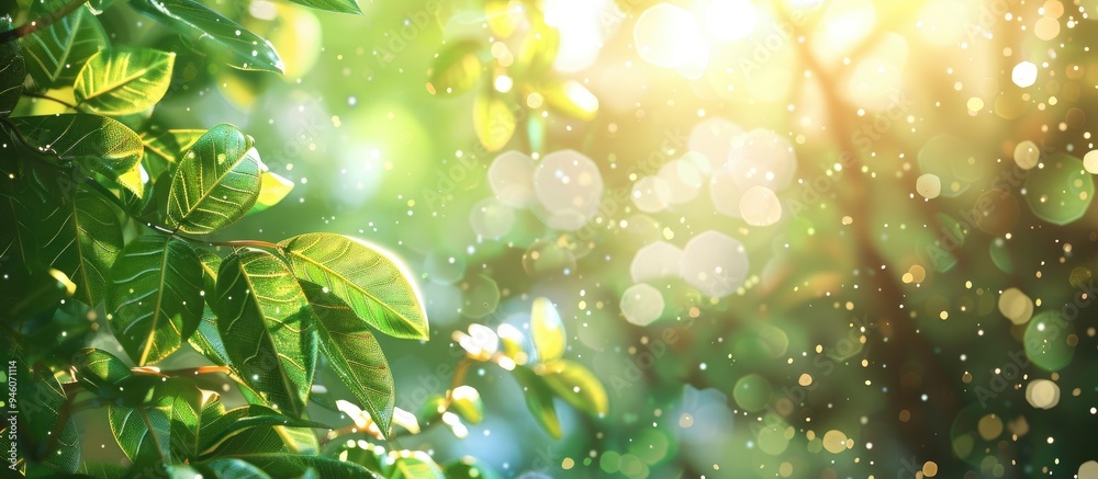 Poster bokeh background featuring abstract blurred leaves and vibrant summer sunlight. copy space image. pl