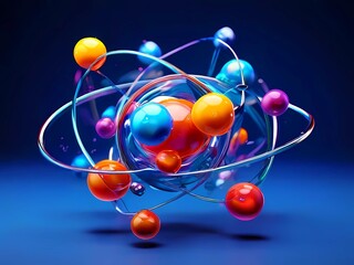 This captivating 3D illustration showcases a colorful atom model with dynamic electron orbits, set against a vivid blue backdrop, highlighting modern scientific visualization
