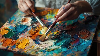 Obraz premium A close-up of an artist's hands mixing vibrant paints on a palette with a focused expression.
