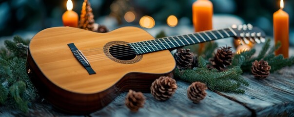 A wooden classical guitar on a rustic table with candles and pine cones, creating a cozy and festive atmosphere.