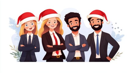 Business team in suits wearing Santa hats, celebrating Christmas cheerfully. Holiday festive office environment.