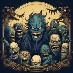 Vintage-style border featuring classic horror movie monsters.