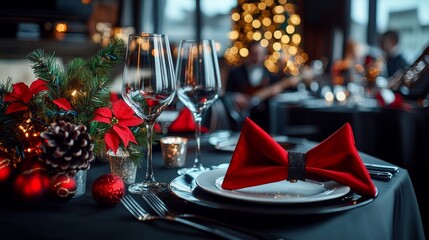 Elegant Christmas dinner table setting with festive decorations, red napkins, and sparkling lights in the background.
