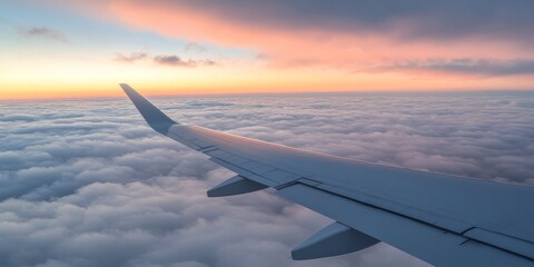 Fototapeta premium Airplane Wing Above Clouds at Sunset