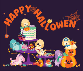 Happy halloween party greeting card with cute poodle puppy dog, flat and colorful illustration.
