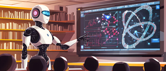 A futuristic classroom setting where an AI robot, designed with a sleek metallic finish and human-like features, is standing near a large, high-tech LCD screen. AI was a blend of futuristic technology