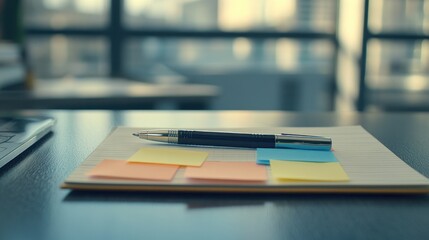 Notebook, Pen, Sticky Notes, Workplace