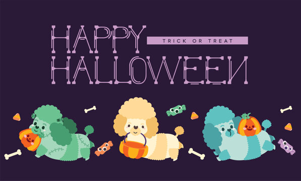 Happy halloween greeting card with cute poodle puppy dog, flat and colorful illustration.