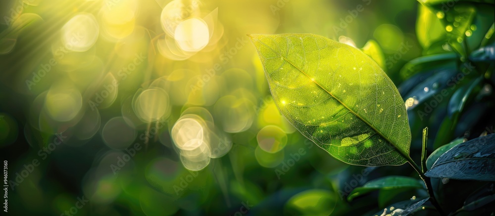 Poster conceptual nature view of a green leaf against a blurred greenery background in a garden illuminated