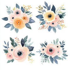 Fototapeta premium Beautiful watercolor floral arrangements featuring soft pastel colors and delicate leaves. Perfect for invitations or decor.