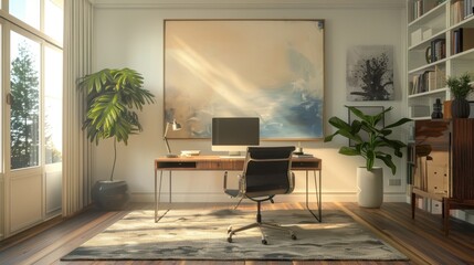 Modern Home Office with Wooden Desk, Abstract Painting, and Plants
