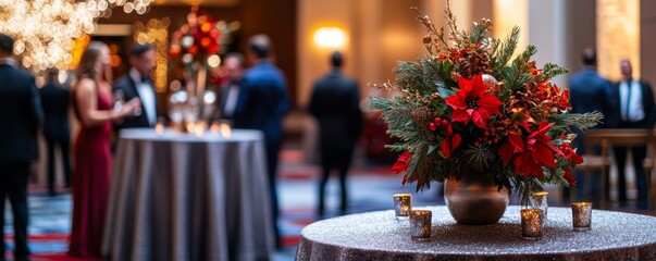 Elegant corporate event with beautiful floral centerpieces and candles, guests in formal attire enjoying a sophisticated setting.