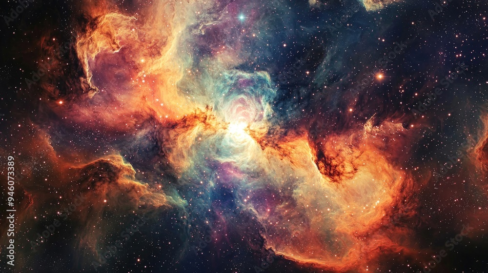 Canvas Prints a colorful depiction of a nebula with swirling clouds of gas and stars.