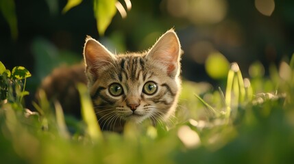 A playful kitten peering through lush green grass, capturing the essence of curiosity and innocence in nature.