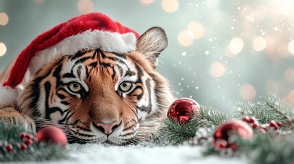 A festive tiger wearing a Santa hat, relaxing amidst Christmas decorations and a snowy background, perfect for holiday themes.