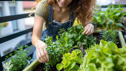 Fototapeta premium Gardener cutting spicy herbs with scissors growing at home vegetable garden, close-up view. Concept of home growing organic greens