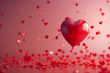 Red heart shaped air balloon and small heart confetti flying in the air, Valentines day themed background.