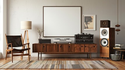 Mid-century modern living room with audio equipment and a blank frame