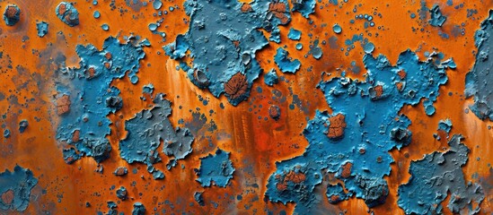Abstract background of orange and blue rust spots on an iron surface. Copy space image. Place for adding text and design