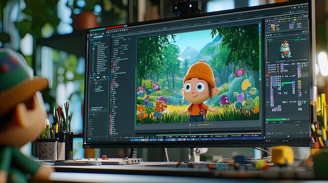 A computer screen displaying animation software with colorful characters and scenes in the editing stage.