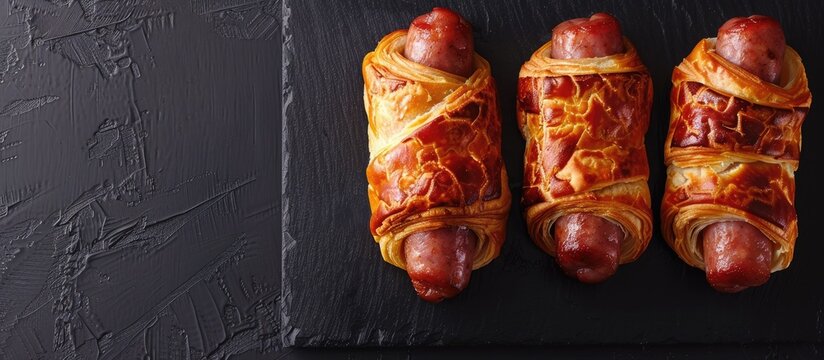 Pigs in a Blanket wrapped in puff pastry with sausage Black backdrop Top view. Copy space image. Place for adding text and design - Powered by Adobe