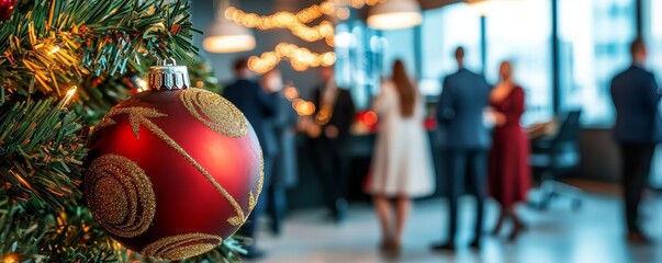 Festive office Christmas party with holiday decorations, employees mingling, and a beautifully lit Christmas tree in the foreground.