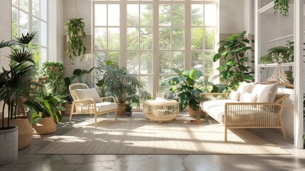 Sunlit Room with Wicker Furniture and Lush Greenery