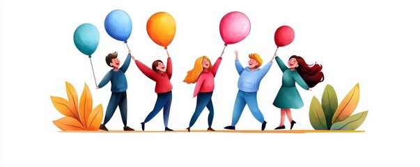 Happy group of people holding colorful balloons standing in a line, celebrating together with joy and unity.