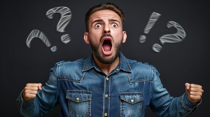 Surprised young man with wide open eyes and mouth surrounded by floating question marks