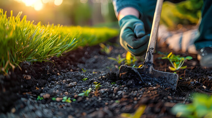 Fototapeta premium Gardener cutting spicy herbs with scissors growing at home vegetable garden, close-up view. Concept of home growing organic greens