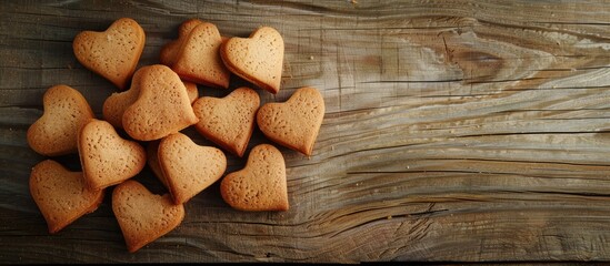 Fototapeta premium Heart shaped cookies for Valentine s Day on a wooden surface Copy space