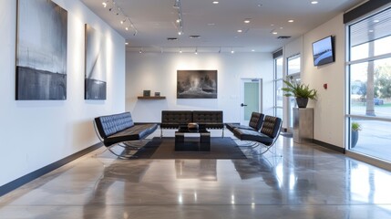 Modern Interior Design with Black Leather Couches and Artwork