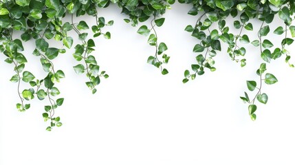 Latar belakang daun hijau menjuntai di atas dinding putih.