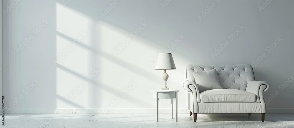 Poster Lamp on a table beside a grey settee in a white loft interior featuring an armchair and copy space Real photo