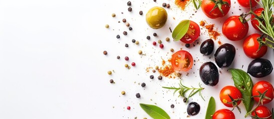 Fresh olives cherry tomatoes herbs and spices arranged on a white background copy space top view Concept for food background and recipe mockup