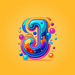 Colorful Liquid Painted J Letter with Bubbles Vector Illustration 3D Abstract Logo Element. Creative Modern Color Splash Alphabet Design Vector Template with Fluid Bubble And Swirling Spiral