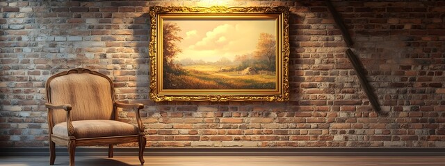 Cozy and inviting farmhouse style living room featuring exposed brick walls a vintage wooden armchair an ornate gold framed landscape painting and warm lighting that creates a soothing