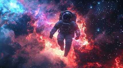 An astronaut floating weightlessly in space, surrounded by an array of bright stars and cosmic colors, captured in a dreamy Japanese animation style