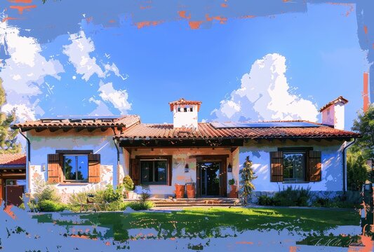 A Spanish-style home with a terracotta roof, surrounded by lush greenery and a clear blue sky.