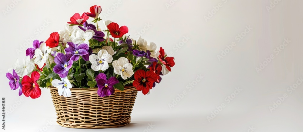 Canvas Prints Red and white violet flowers arranged in a basket against a white background. Copy space image. Place for adding text and design