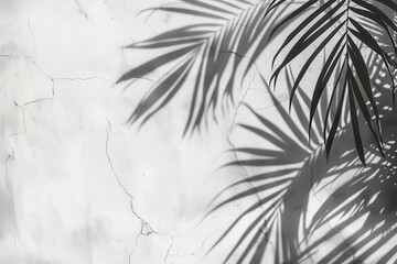 Obraz premium Abstract gray shadow background of palm leaves on white concrete with cracks black and white monochrome tone