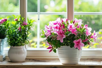 Fototapeta premium Azalea and assorted plant fertilizers on indoor windowsill