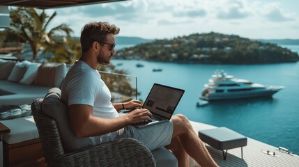 Fototapeta premium Man using laptop on balcony overlooking luxury yacht and tropical bay, digital nomad working with scenic ocean view, remote work and travel lifestyle concept