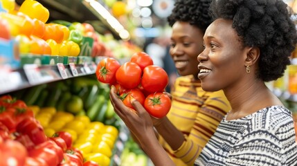 Fototapeta premium Two women enjoying fresh produce selection at supermarket, smiling at colorful fruits and vegetables