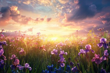 Beautiful irises in a sunset field