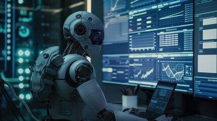A robot is sitting in front of a computer monitor with a lot of numbers and graphs on it