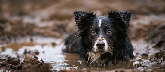 Obraz premium Action shot of a muddy Border Collie playing in a wet puddle. Copy space image. Place for adding text and design
