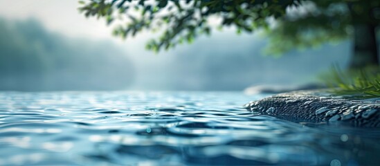 Obraz premium Blue coloring for an out of focus river and water scene with a concrete foreground. Copy space image. Place for adding text and design