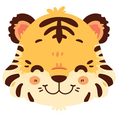 Cute tiger face, a simple flat illustration style with bright colors and a white background